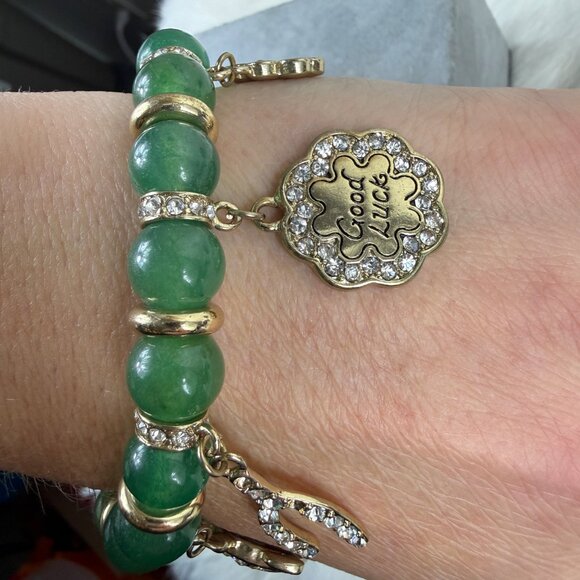 Lucky Jade Beaded Stretch Bracelet Gold Tone Charms w/ Rhinestones - Picture 1 of 4